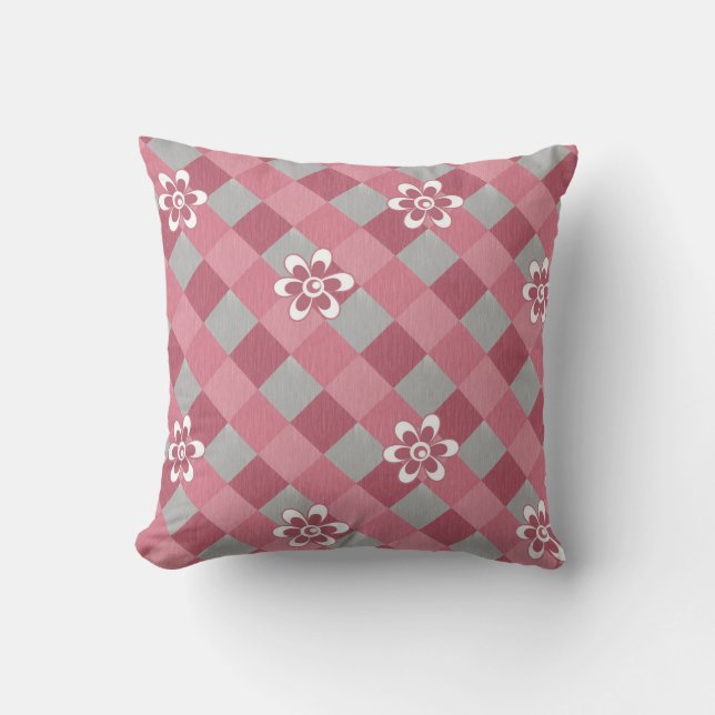 Almofada Xadrez cinza e rosa com flores de camomila (Frente)