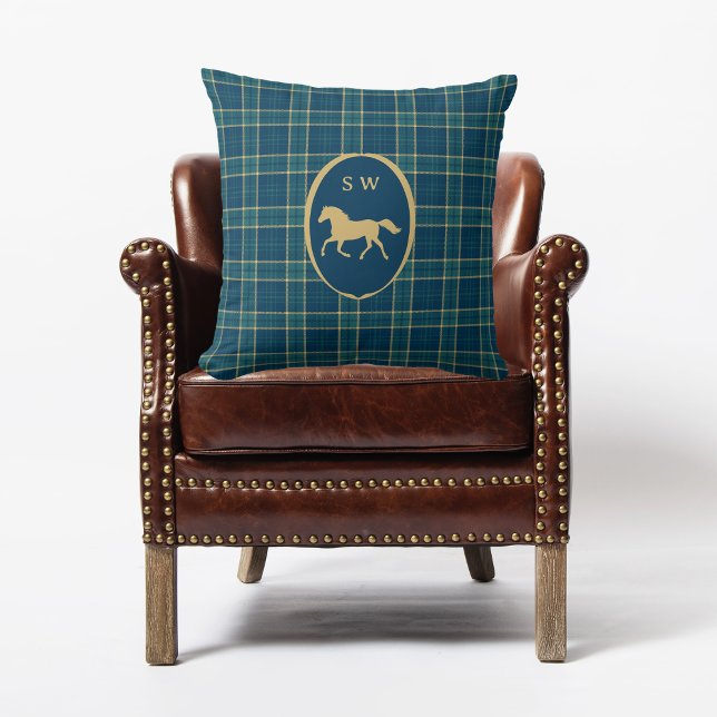 Almofada Xadrez Clássica De Tartan Cavalo Equestre Monogram (Criador carregado)