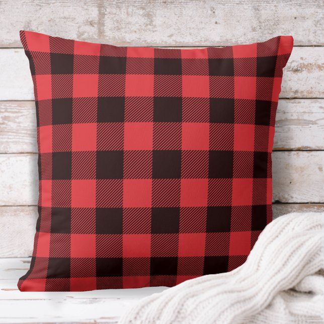 Almofada Xadrez de Búfalos Vermelho e Negro de Cabina Rústi (Rustic Red and Black Buffalo Plaid Throw Pillow)