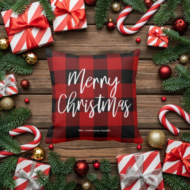 Almofada Xadrez de Buffalo Vermelho e Feliz Natal |Nome pes (Criador carregado)