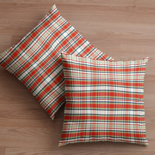 Almofada Xadrez de Feriado Rústico Simples Xadrez Vermelha  (Rustic red and green plaid simple minimalist throw pillow)