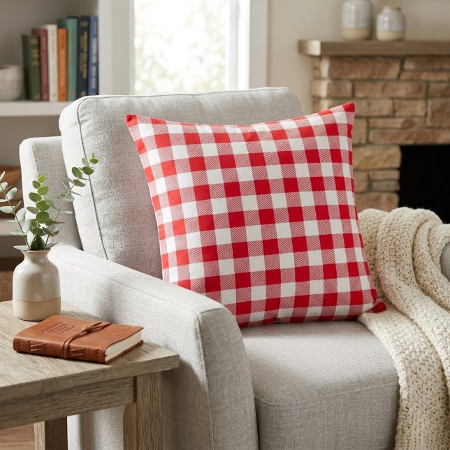 Almofada Xadrez de Gingham Vermelho e Branco Clássico (Classic Red and White Gingham Plaid Throw Pillow)