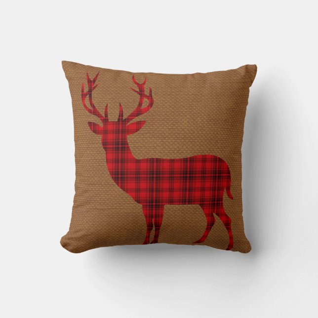 Almofada Xadrez Deer Silhouette em Burlap| bronzeado vermel (Frente)