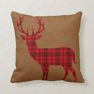Almofada Xadrez Deer Silhouette em Burlap bronzeado vermel