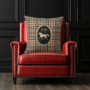 Almofada Xadrez Escocês Clássico Monogramado Cavalo Marrom