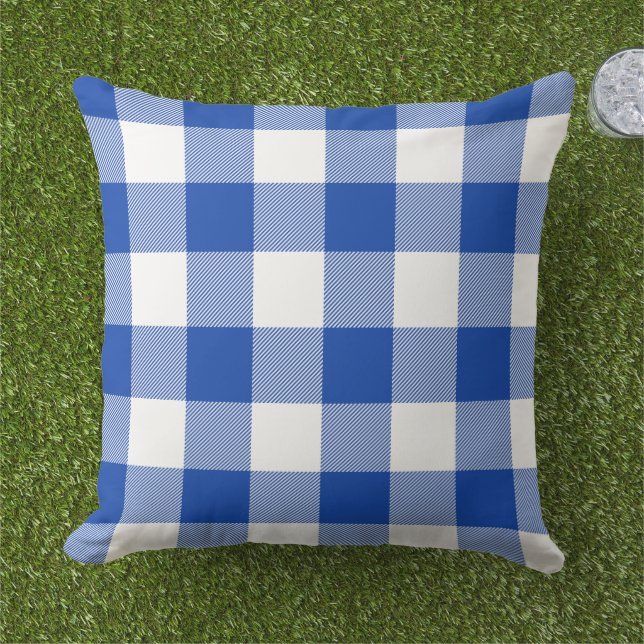 Almofada Xadrez Gingham Azul Real e Branco Plaid Búfalo (Grama)