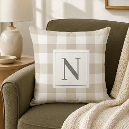 Almofada Xadrez Gingham Bege Cinza Monograma Inicial