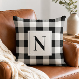 Almofada Xadrez Gingham Preto Ousado Monograma Inicial