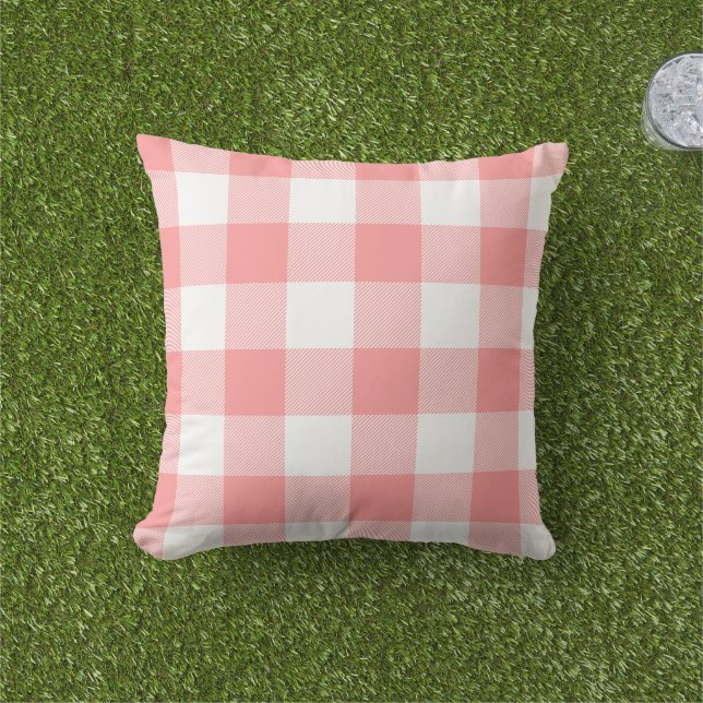 Almofada Xadrez Gingham Rosa Coral e Branco Plaid de Búfalo (Grama)