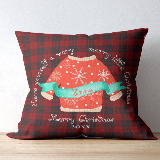 Almofada Xadrez Negra Vermelha Doce Suado Feliz Natal (Red Black Plaid Ugly Sweater Cute Merry Christmas Throw Pillow)