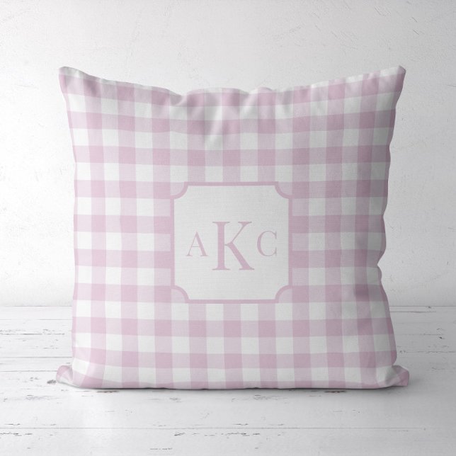 Almofada Xadrez Rosa Monogramado  (Pink Gingham Check Monogram Pillow)