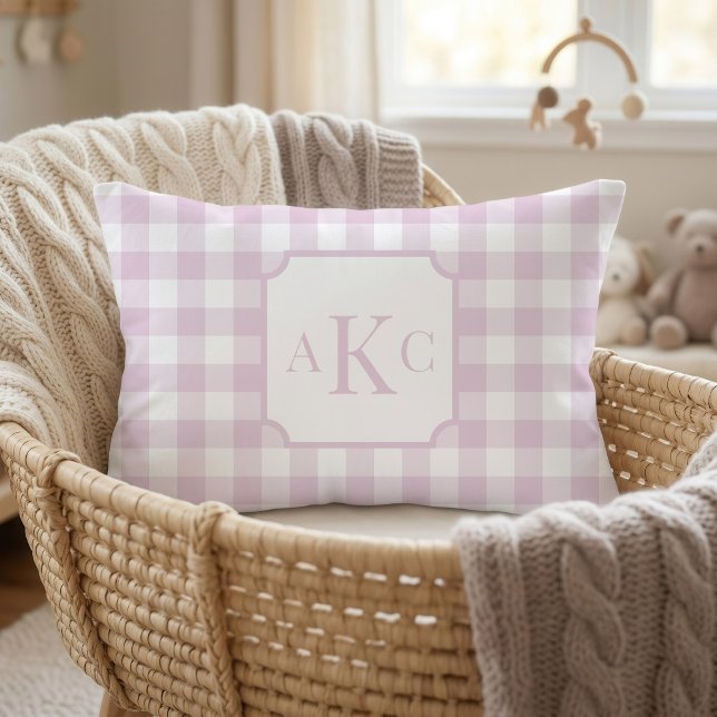 Almofada Xadrez Rosa Monogramado  (Pink Gingham Check Monogram Pillow)