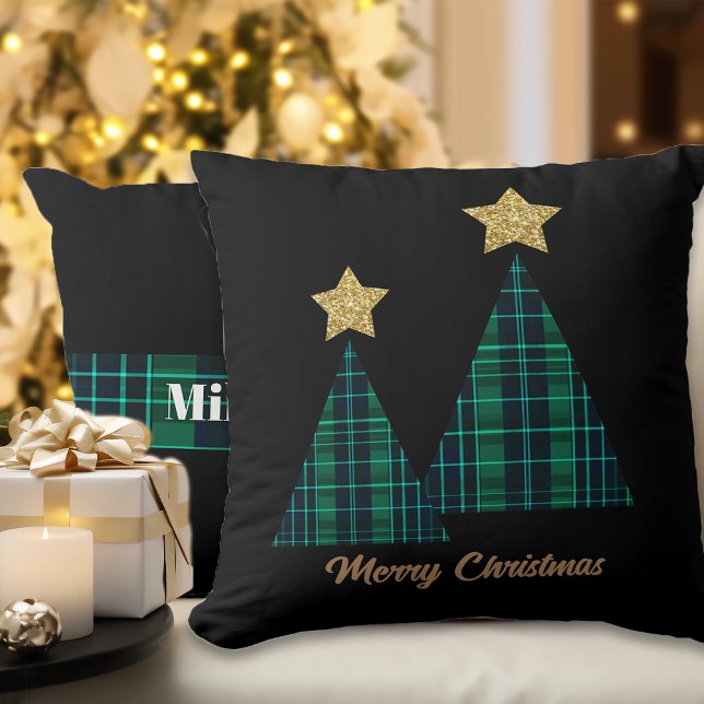 Almofada Xadrez Verde da Árvore de Natal Nome Personalizado (Criador carregado)