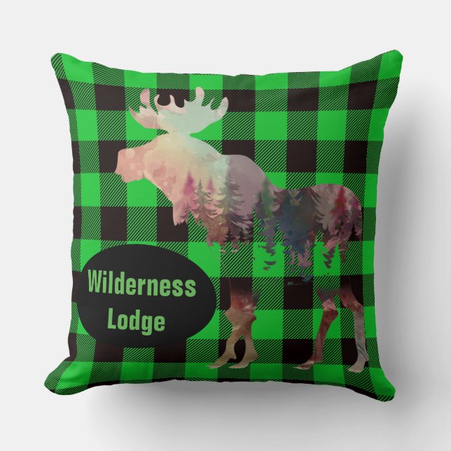 Almofada Xadrez Verde Rustic Moose Add Name Travesseiro dec (Frente)