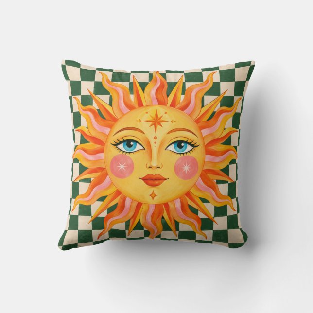 Almofada Xadrez Verde Sol Celestial Retro (Verso)