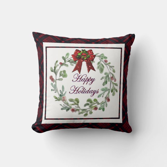 Almofada Xadrez Vermelha Feliz Feriados (Frente)