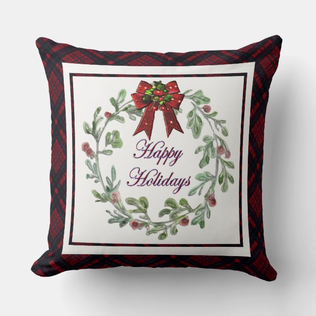 Almofada Xadrez Vermelha Feliz Feriados (Frente)