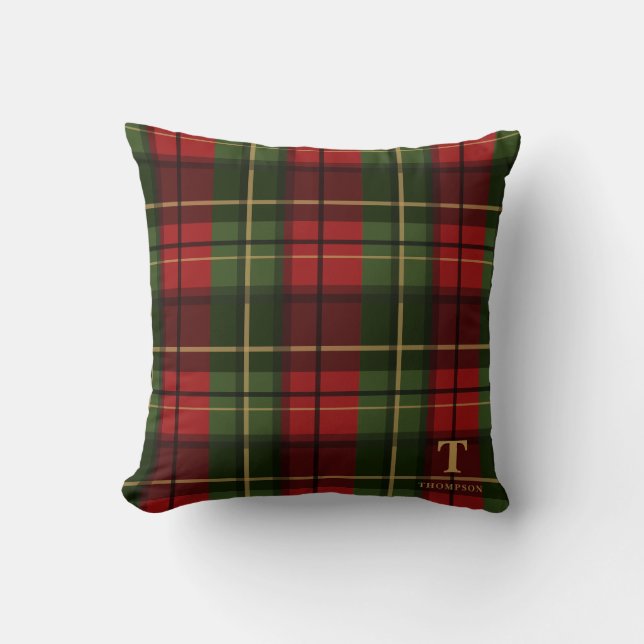 Almofada Xadrez Vermelho de Natal com Monograma e Sobrenome (Frente)