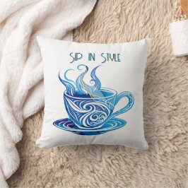 Almofada Xícara de café azul artístico com Padrões giratóri