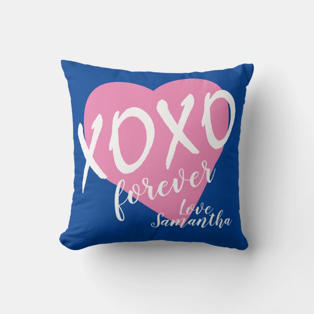 Almofada XOXO do Coração Rosa-namorados para Sempre Azul (Frente)