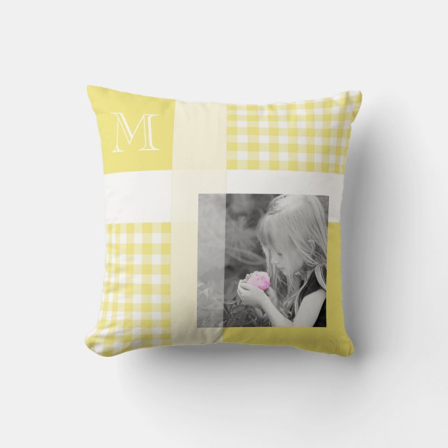 Almofada Yellow Add Your Photo Gingham Modern Monograma (Frente)