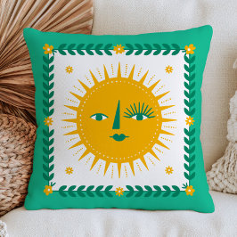 Almofada Yellow BOHO Chic Sun Face Bohemian Green Celestial