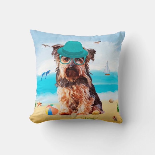Almofada Yorkshire Terrier Dog em Praia (Frente)