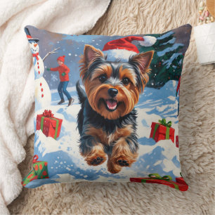 Almofada Yorkshire Terrier na Neve com Chapéu de Natal