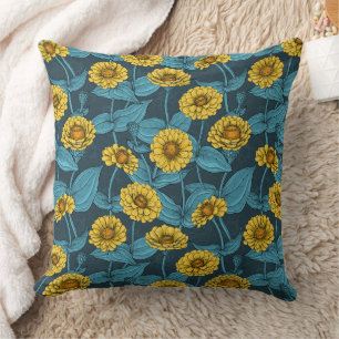 Almofada Zinnias Amarelas em azul escuro