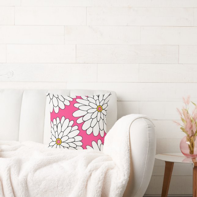Almofada Zinnias desenhadas com quatro mãos, rosa quente (Sofá)