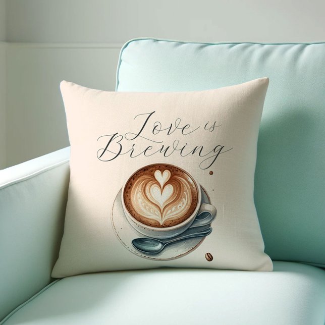 Almofadas Decorativas Amor de Apaixonado por Café  (love is brewing throw pillow with a watercolor latte and heart shaped foam. )