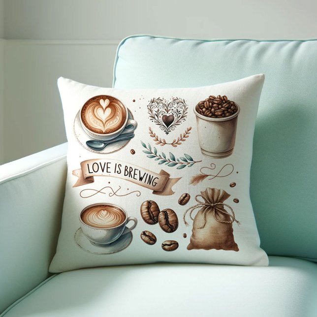 Almofadas Decorativas Temáticas de Café (Love is brewing coffee lover bridal shower decor or gift with illustrated coffee-house art)