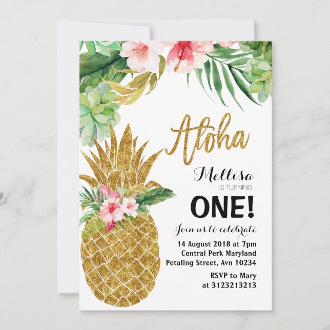 Aloha Dourada Pineapple Primeiro Convite de Aniver (Frente)