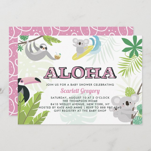 Aloha Koala - Convite para Chás de fraldas Tropica (Frente/Verso)