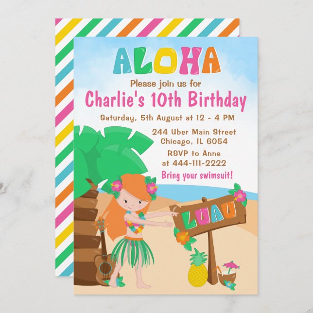Aloha Luau Beach Birthday Red Hair Girl Convite (Frente/Verso)