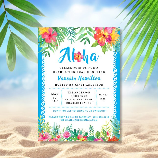 Aloha Luau Convite Azul para Graduação Tropical (Criador carregado)