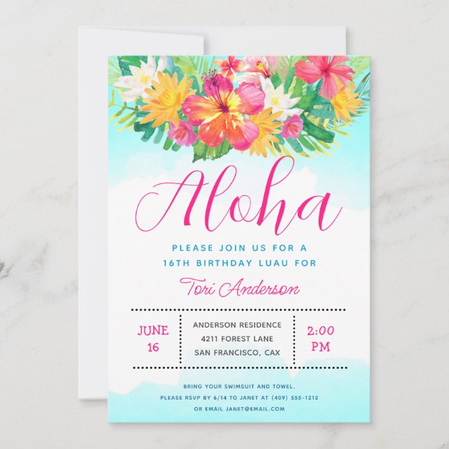 Aloha Script Tropical Birthday, Convite Luau (Frente)