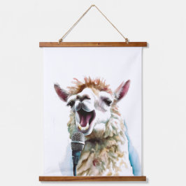 Alpaca branca e branca, cantando através do microf