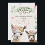 Alpaca llama Kid Birthday | Convite para chás de f<br><div class="desc">Celebre uma doce chegada ou o dia especial do seu pequeno, com este adorável bebê, totalmente personalizável, ou crianças convidando modelo com dois preciosos de aquarela alpacas / lhamas em matizes de pastel macio. Cercado por folhas e borboletas brancas, esta design é perfeita para chás de fraldas, aniversários ou comemorações...</div>
