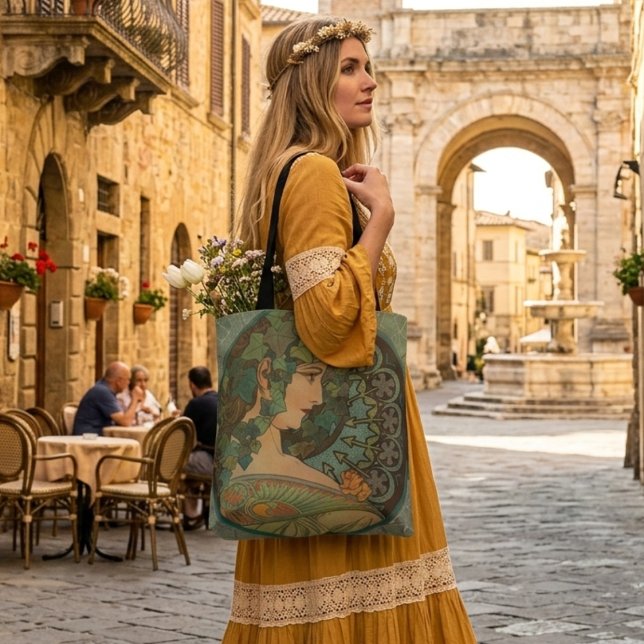 Alphonse Mucha floral garota vintage tote bag (Criador carregado)