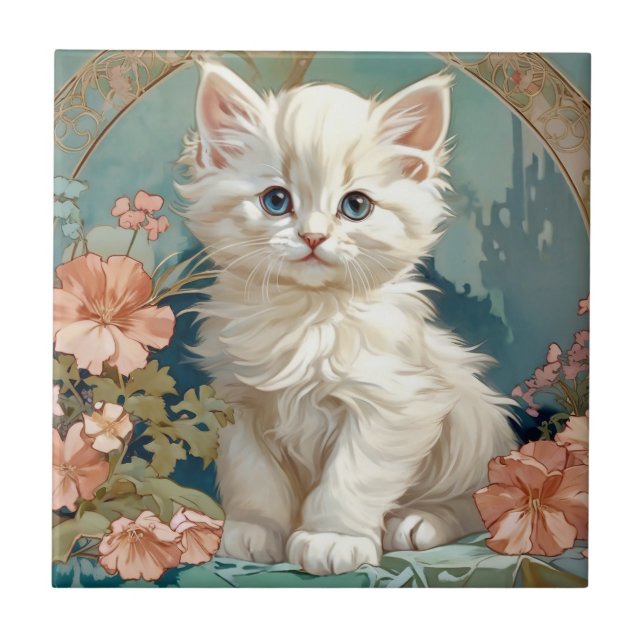 Alphonse Mucha Style White Cat (Frente)