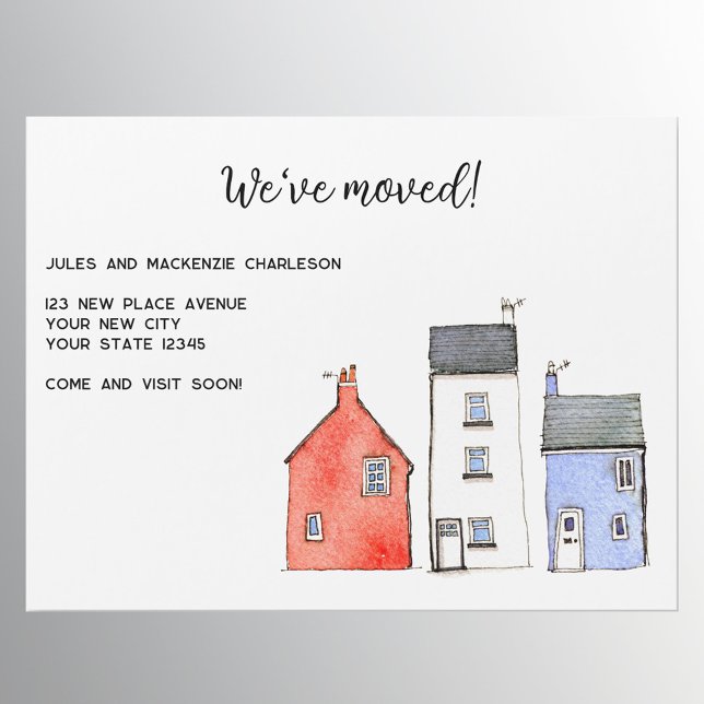 Alteração da Placa Magnética de Endereço do Waterc (New home moving announcement magnetic card with watercolour houses and cottages and custom text)