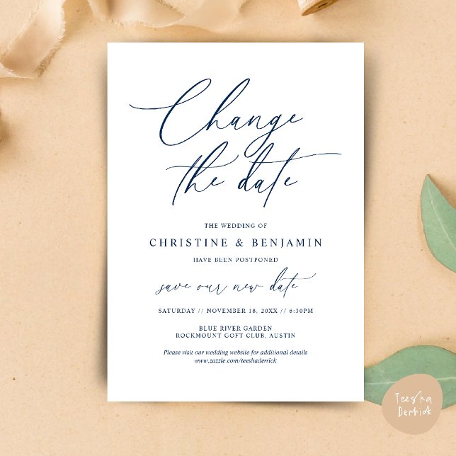 Alterar a data, Guardar o novo cartão de data de c (Change the date, Save our new wedding date modern romantic card in Navy Blue)
