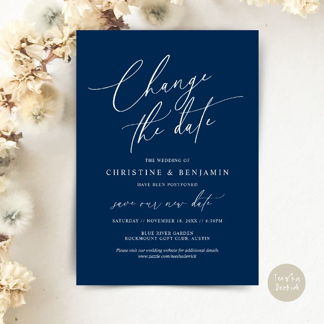Alterar a data, Guardar o novo cartão de data de c (Change the date, Save our new wedding date modern romantic card in Navy Blue)