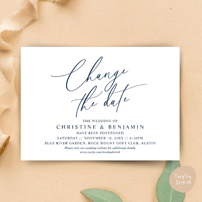 Alterar a data, Guardar o novo cartão de data de c (Change the date, Save our new wedding date modern romantic card in Navy Blue)