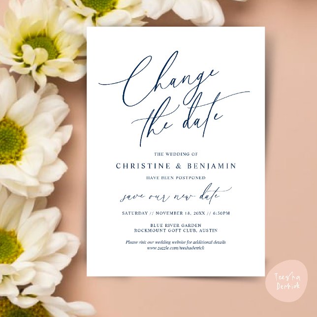 Alterar a data, Guardar o novo cartão de data de c (Change the date, Save our new wedding date modern romantic card in Navy Blue)