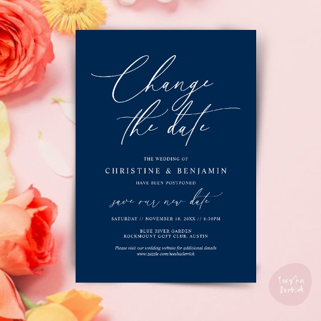 Alterar a data, Guardar o novo cartão de data de c (Change the date, Save our new wedding date modern romantic card in Navy Blue)