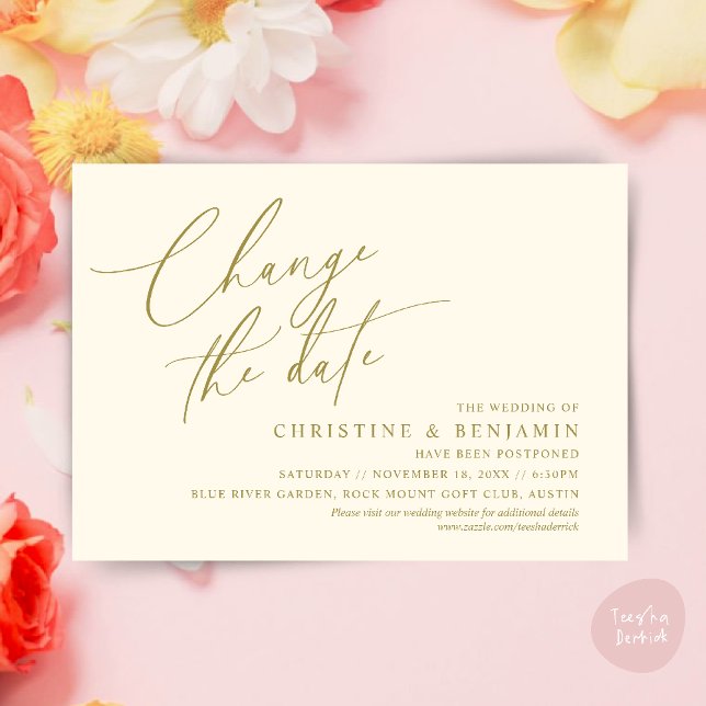 Alterar a data, Guardar o novo cartão de data de c (Change the date, Save our new wedding date modern romantic card in Yellow Gold)