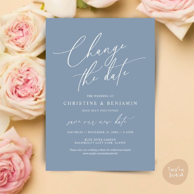 Alterar a data, Guardar o novo cartão de data de c (Change the date, Save our new wedding date modern romantic card in Dusty Blue)