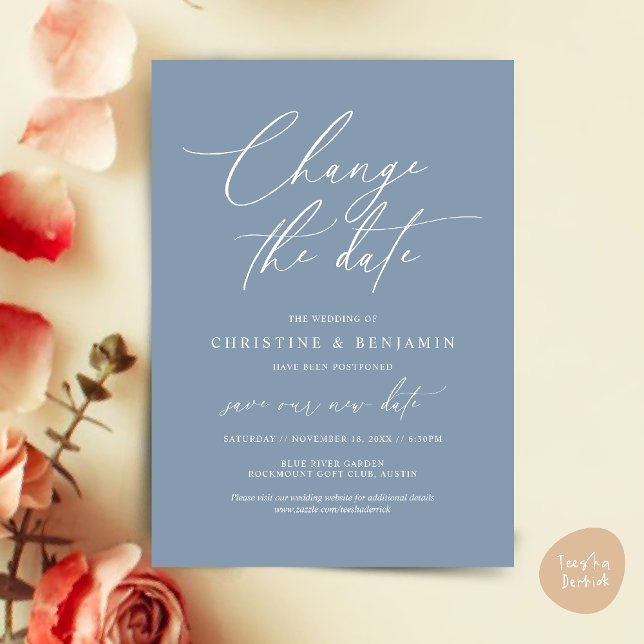 Alterar a data, Guardar o novo cartão de data de c (Change the date, Save our new wedding date modern romantic card in Dusty Blue)